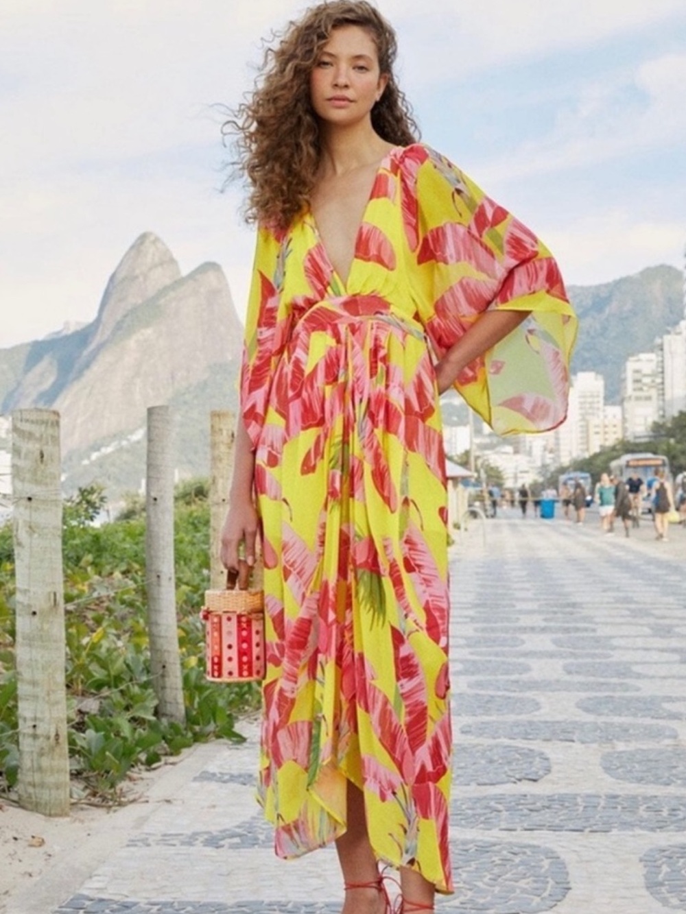 FARM RIO Sweet Jungle Lime Kaftan Dress Tropical Floral Size Large